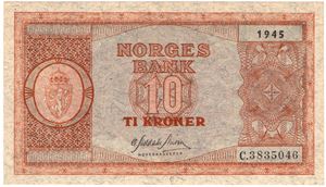 10 kroner 1945 C.3835046. Kv.0/01