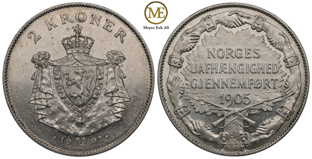 2 kroner 1907 Jub. m/gevær. Kv.0