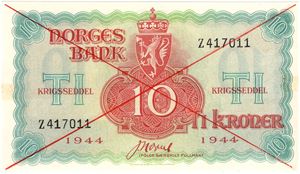 10 kroner 1944 Z.417011 London utgaven med kryss. Kv.0