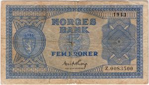 5 kroner 1953 Z.0083500. Erstatningsseddel. PMG 20 VF