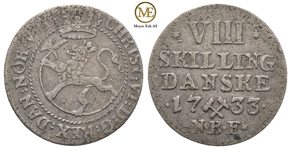 8 skilling 1733 Christian VI. Kv.1/1+