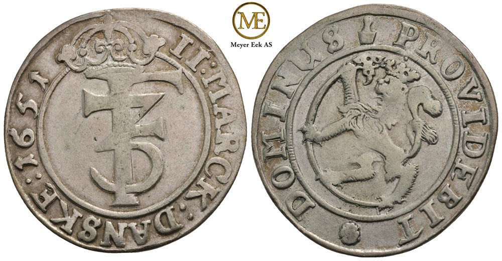 2 mark 1651 Frederik III. Kv.1/1+