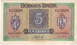 5 kroner 1944 Y.173524. Kv.1+