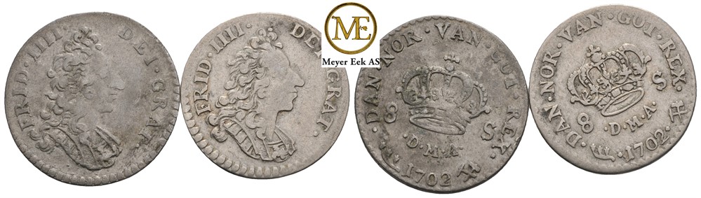 8 skilling 1702 Frederik IV. Type I og II. Kv.1/1+