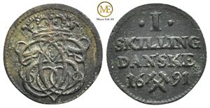 1 skilling 1691 Christian V. Variant. Kv.1+