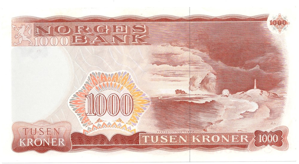 1000 kroner 1975 X.0135012 erstatningsseddel. Kv.01