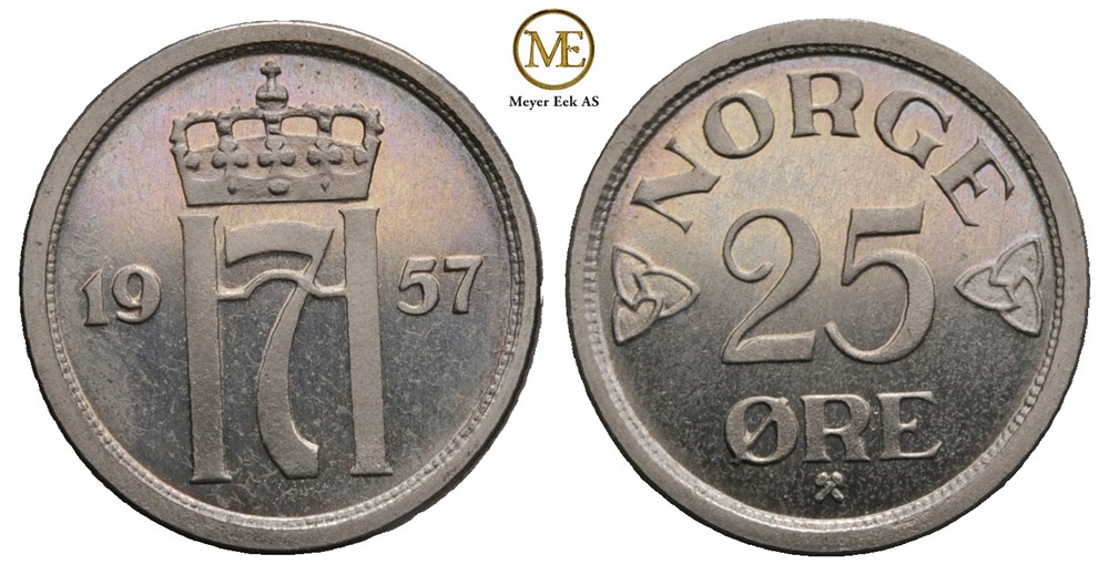 25 øre 1957 Haakon VII. Prakteksemplar
