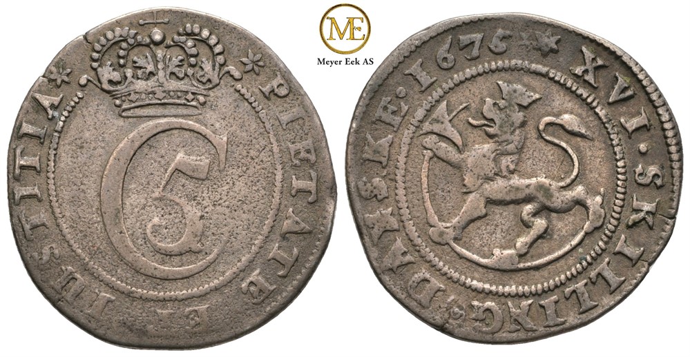 Mark/16 skilling 1675 Christian V. Kv.1/1+