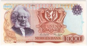 1000 kroner 1980 X.0848135 erstatningsseddel. Kv.01