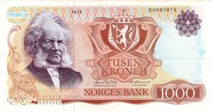 1000 kroner 1975 X. Erstatningsseddel. Kv.1/1+