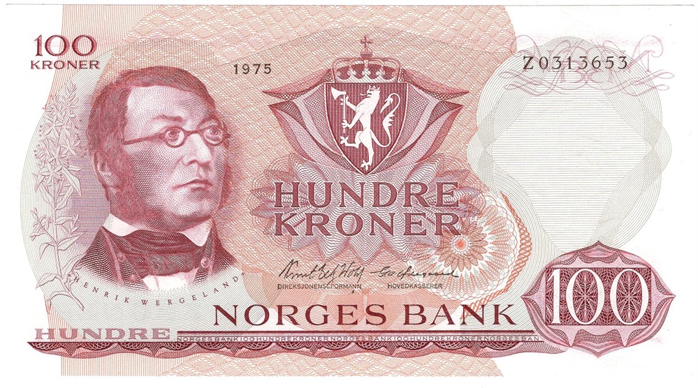 100 kroner 1975 erstatningsseddel. Z.0313653. Kv.0/01
