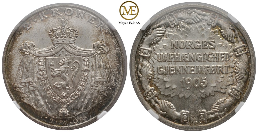 2 kroner 1906 Jub. Haakon VII. Gradert til MS66+ hos NGC. Kv.0