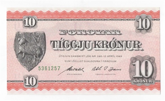 Færøyene 10 kronur 1949 (1959) kv, 0