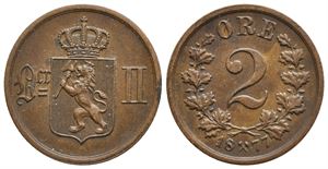 2 øre 1877 Oscar II. Kv.01