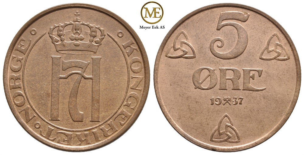 5 øre 1937 Haakon VII. Kv.0