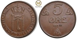 5 øre 1951 Haakon VII. Kv.0