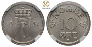 10 øre 1951 Haakon VII. MS.66