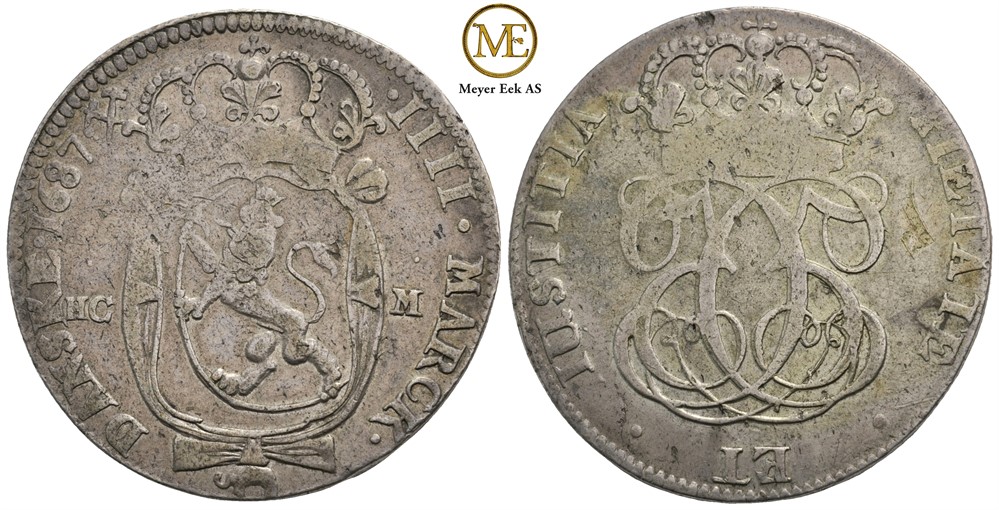 4 mark 1687 Christian V. Kongsberg. Kv.1 UNIK