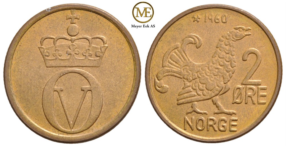 2 øre 1960 Olav V. Kv.0