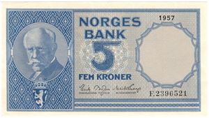 5 kroner 1957 F.2396521. Kv.0/01