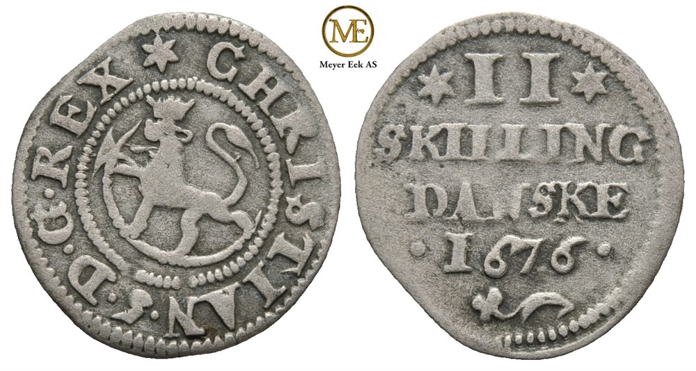 2 skilling 1676 Christian V. Kv.1/1+