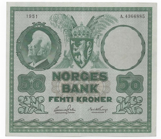 Norge 50 kroner 1951 A kv. 01