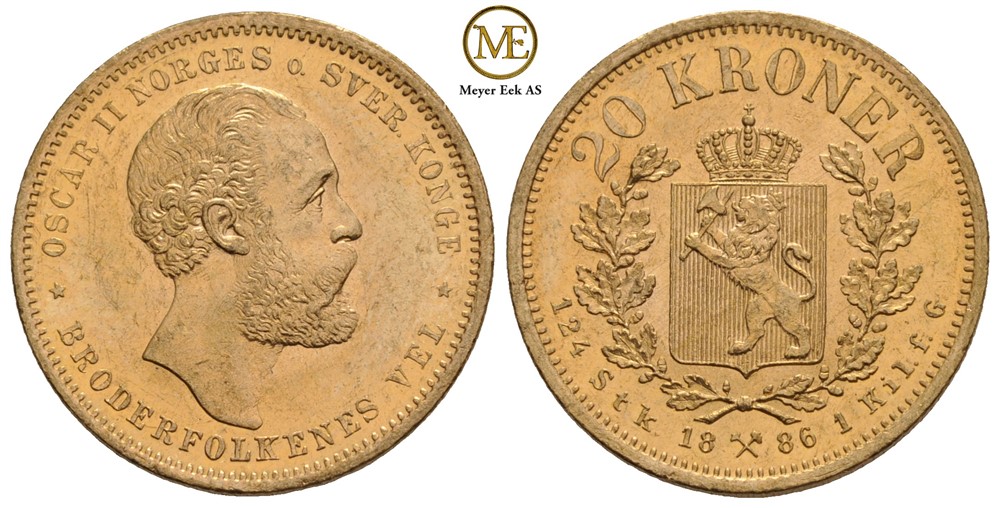 20 kroner 1886 Oscar II. Kv.0/01