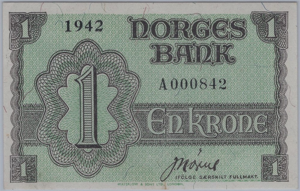 1 krone 1942 A.000842 London utg. Kv.0