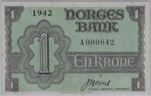 1 krone 1942 A.000842 London utg. Kv.0