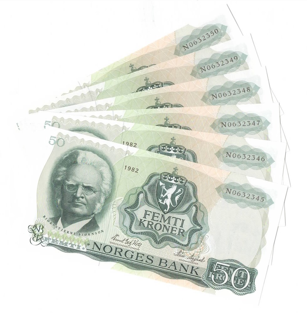 Norge 50 kroner 1982 N 6 stk. i serie kv. 0
