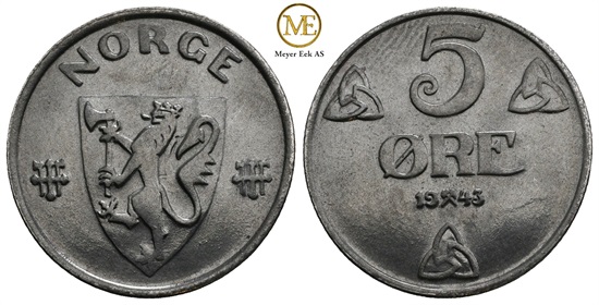 5 øre 1943 jern. Haakon VII. Kv.0