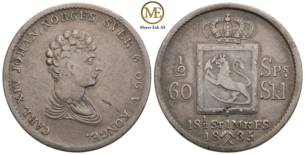 1/2 speciedaler 1835 Carl XIV Johan. Kv.1
