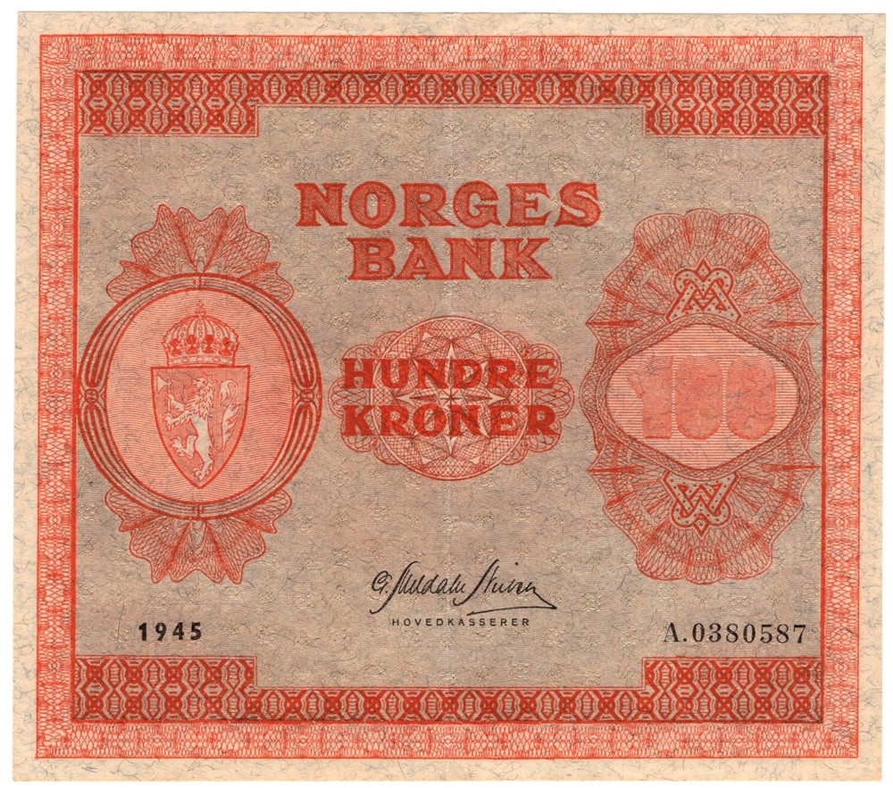100 kroner 1945 A.0380587. Kv.01
