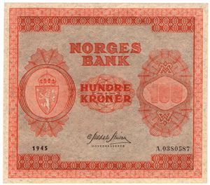 100 kroner 1945 A.0380587. Kv.01
