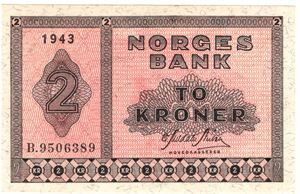 2 kroner 1943 B.9506389. Kv.01