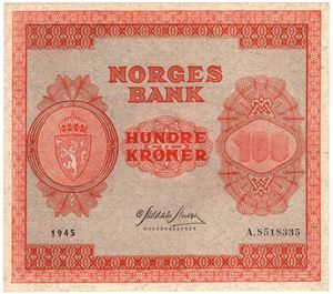 100 kroner 1945 A.8518335. Kv.0/01