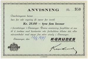 25 kroner 1940. Anvisning blankett K-Grudes konfeksjonsfabrikk. Kv.0