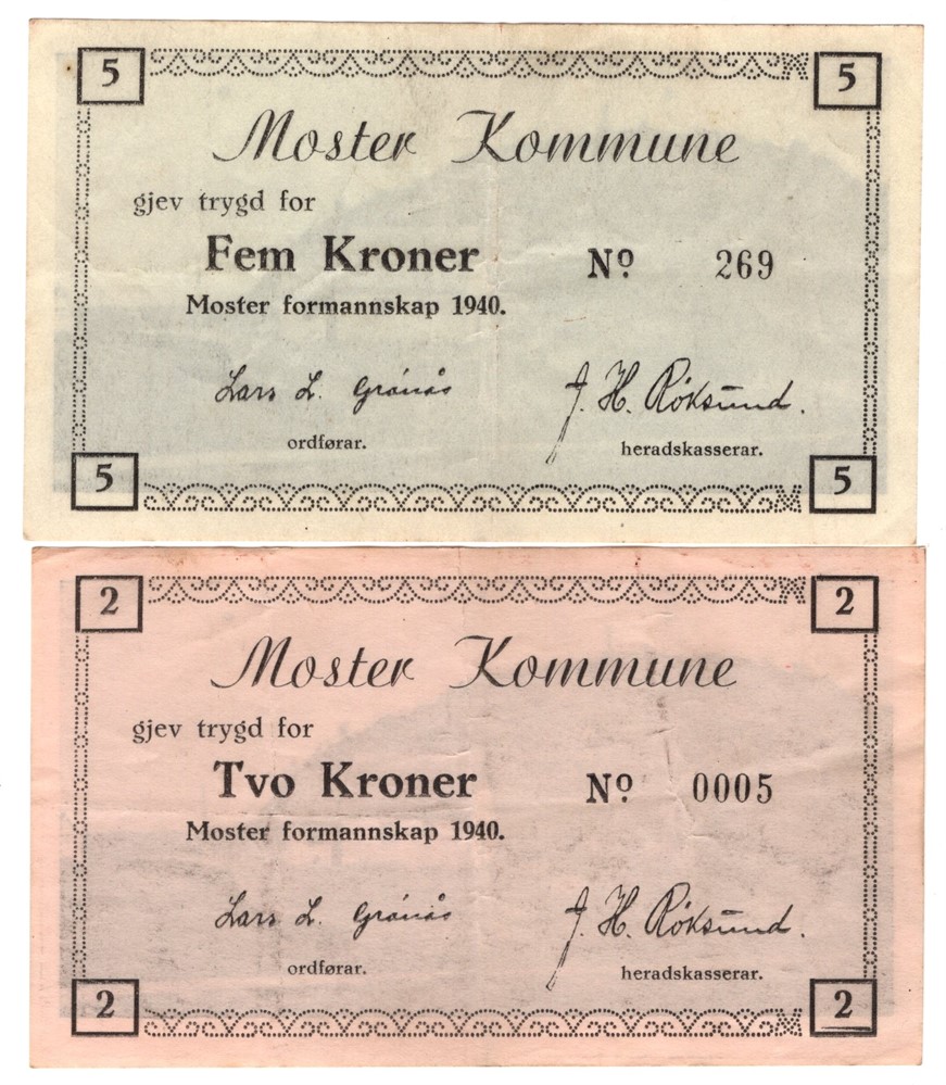 Nødsedler Moster kommune 1940. 2 og 5 kroner