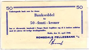 Romsdals Fellesbank 50 kroner 11.4.40 Kv.01