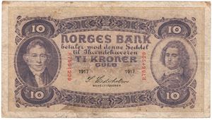 10 kroner 1917 F.7561229. Kv.1