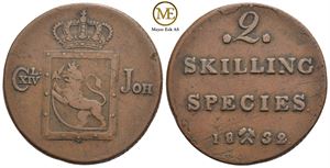 2 skilling 1832 Carl XIV Johan. Kv.1+