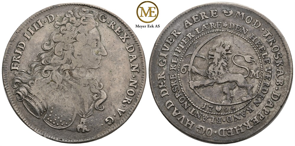 Reisedaler 1704 Frederik IIII. NM.91c. Kv.1/1+