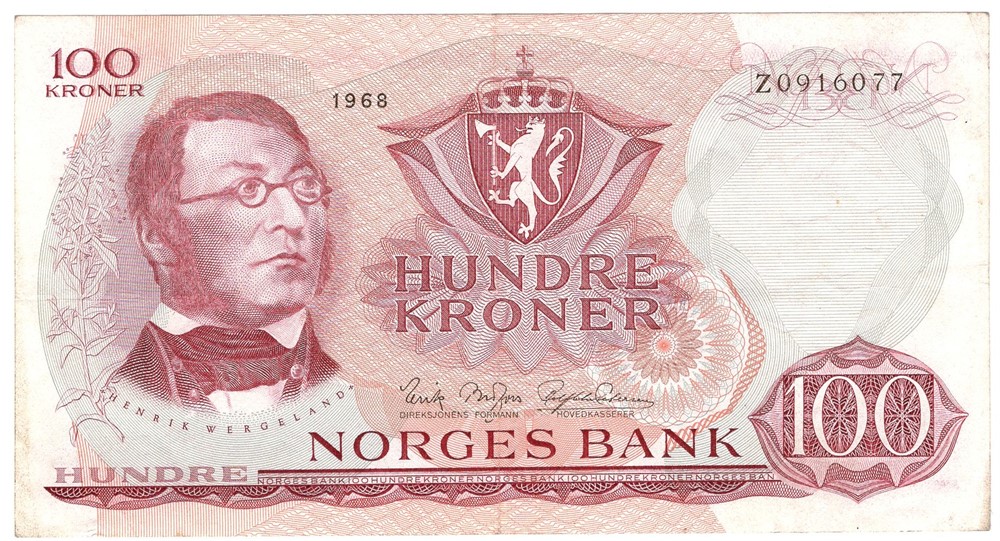 100 kroner 1968 Z.0916077. Erstatningsseddel. Kv.1+