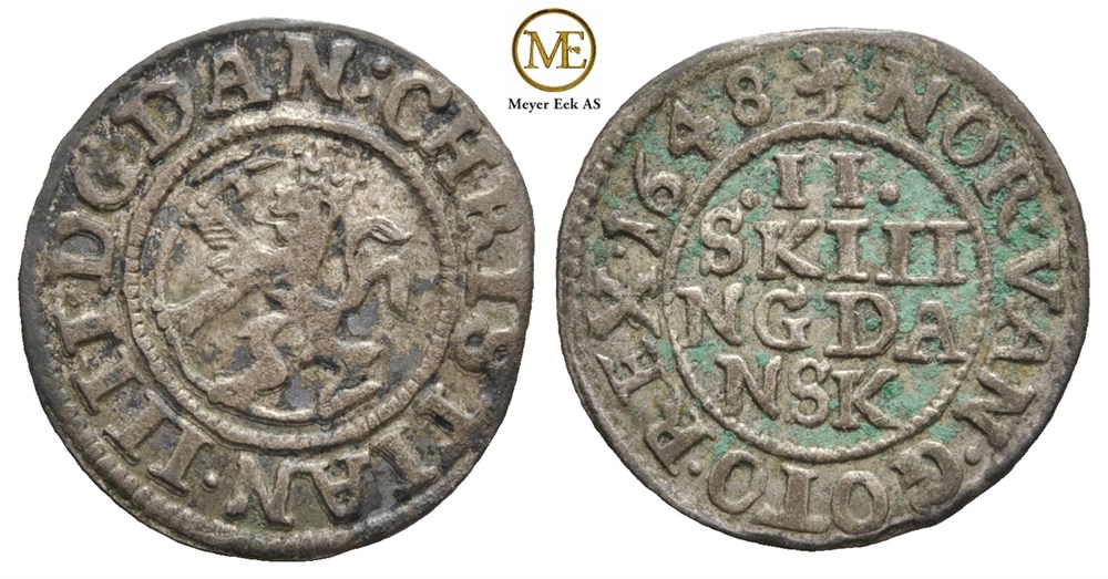 2 skilling 1648 Christian IV. Kv.1+