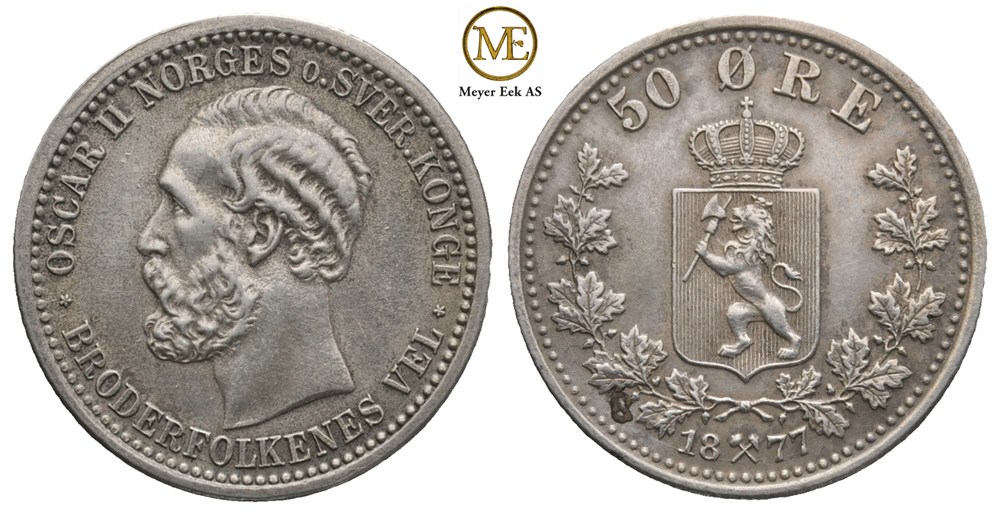 50 øre 1877 Oscar II. Kv.01