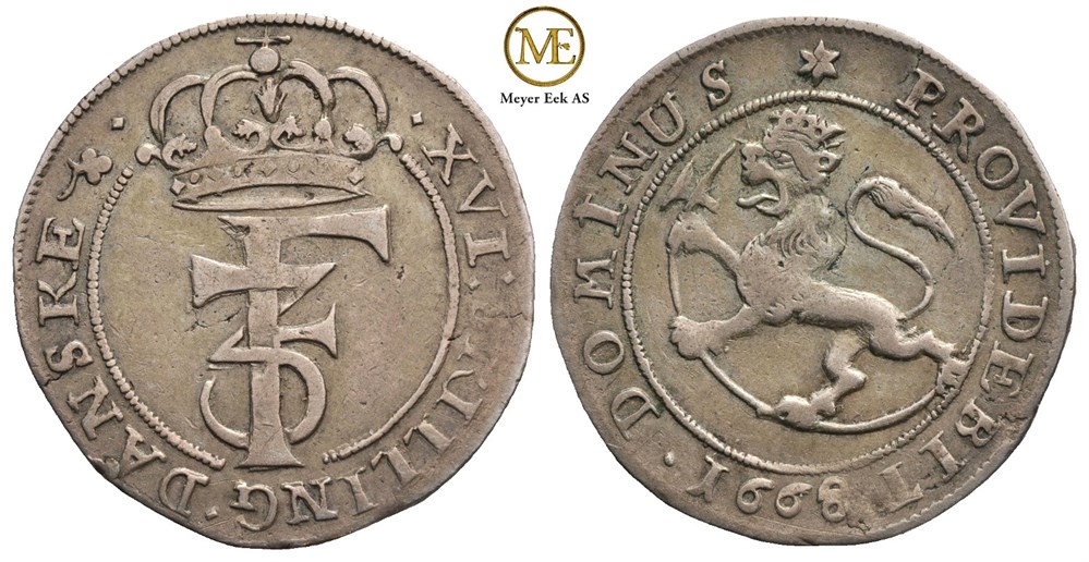 1 mark/16 skilling 1668 Frederik III. Kv.1/1+