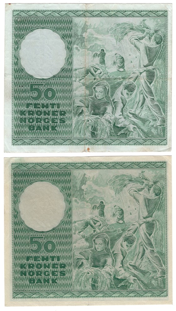 50 kroner 1957 med type I og II vannmerke. VK.