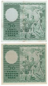 50 kroner 1957 med type I og II vannmerke. VK.