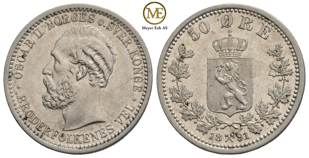 50 øre 1891 Oscar II. Kv.0/01