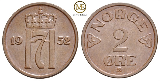 2 øre 1952 Haakon VII. Kv.0